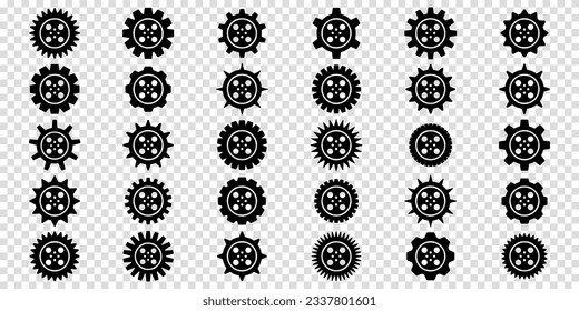 Collection of mechanical cogwheels. Gears icon set. Setting gears icon. Vector illustration with black silhouettes sprocket icons or signs design element. Transparent isolated background.