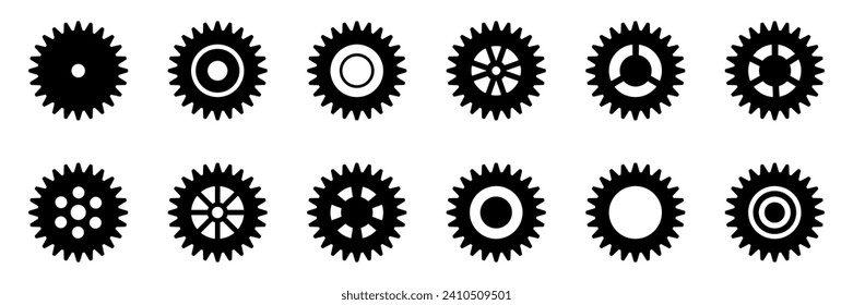 Kollektion von mechanischen Zahnrädern. Zahnräder-Symbol-Set. Zahnräder einstellen Symbol. Vektorgrafik mit Sprossensymbolen oder Zeichendesign-Element mit schwarzen Silhouetten. Weißer Hintergrund.