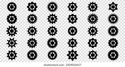 Collection of mechanical cogwheels. Gears icon set. Setting gears icon. Vector illustration with black silhouettes sprocket icons or signs design element. Transparent isolated background.