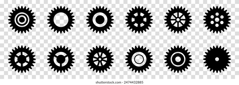 Collection of mechanical cogwheels. Gears icon set. Setting gears icon. Vector illustration with black silhouettes sprocket icons or signs design element. Transparent isolated background.