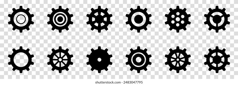 Collection of mechanical cogwheels. Gears icon set. Setting gears icon. Vector illustration with black silhouettes sprocket icons or signs design element. Transparent isolated background.