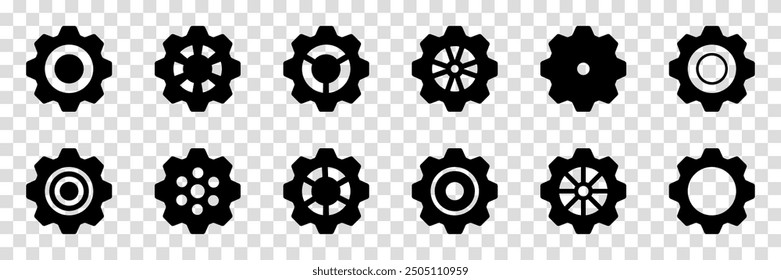 Collection of mechanical cogwheels. Gears icon set. Setting gears icon. Vector illustration with black silhouettes sprocket icons or signs design element. Transparent isolated background.