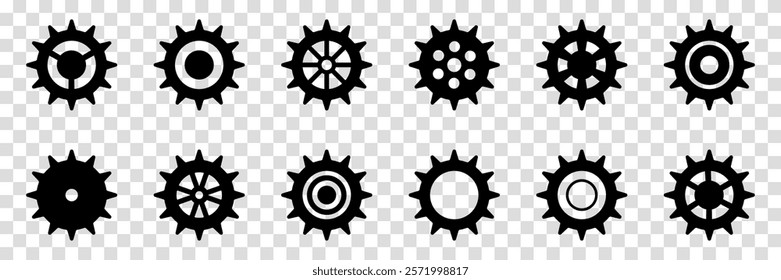 Collection of mechanical cogwheels. Gears icon set. Setting gears icon. Vector illustration with black silhouettes sprocket icons or signs design element. Transparent isolated background.