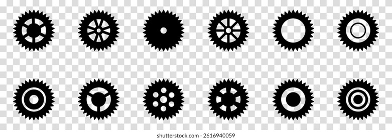 Collection of mechanical cogwheels. Gears icon set. Setting gears icon. Vector illustration with black silhouettes sprocket icons or signs design element. Transparent isolated background.