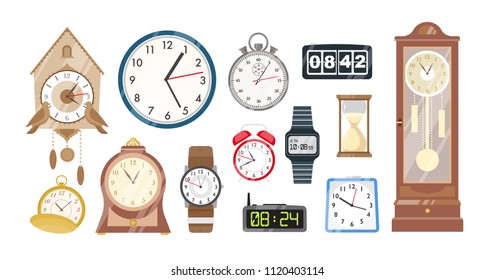 Collection of mechanical and electronic clocks, watches and hourglass isolated on white background. Set of devices to to measure indicate time. Colorful vector illustration in flat cartoon style.