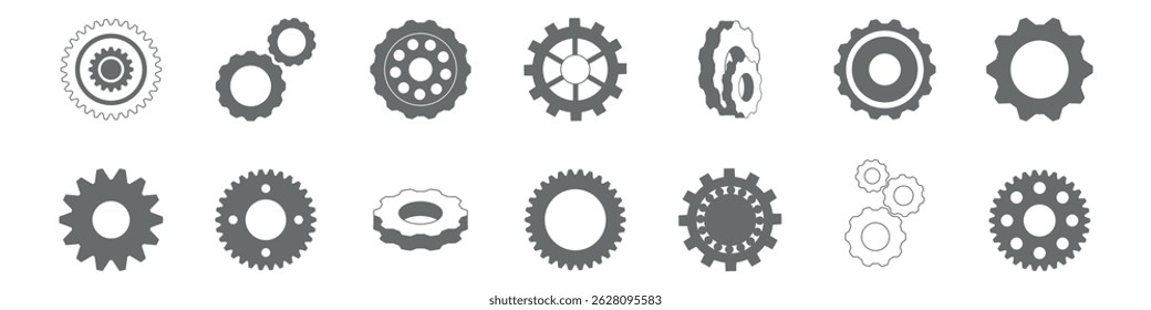 Collection of mechanical gear icons in grayscale, featuring different cog shapes and configurations, perfect for settings, engineering, and industrial themes.