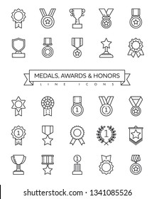 Collection of medal, awards, cups and honors line icons vector illustration. Competition and success symbols.