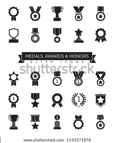 Collection of medals, awards, cups and honors solid black glyph icons vector illustration. Competition and success symbols.