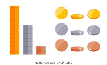 Collection of medals and coins from different angles. A pile of money. A set of shiny round awards and coins in gold, silver and bronze metallic colors. Luxurious emblems, decorations. Vector isolated