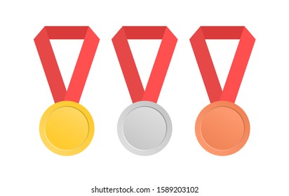 Collection of medals with a red ribbon in a flat style. Gold, silver and bronze medal.