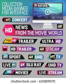Collection media banner for interface, breaking news, full hd trailer, sport, live stream inscription and etc. Vector Illustration.