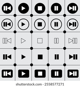 A collection of media control icons, including play, pause, stop, forward, and rewind buttons, in black and white variations. Perfect for user interfaces or multimedia designs.