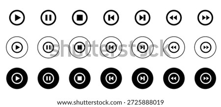 A collection of media player control icons including play, pause, stop, rewind, and fast forward buttons in various styles.