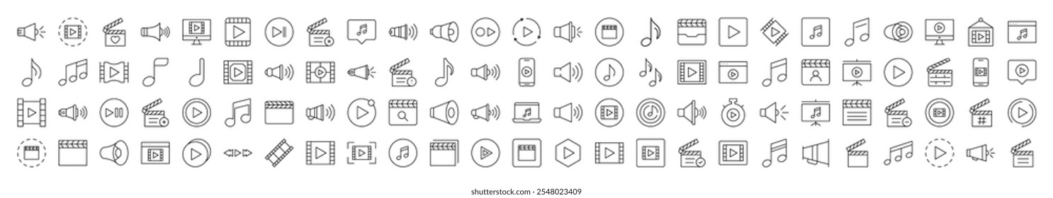 Coleção de Ícones de Linha Relacionados do Media Player. Traço editável para design, sites, aplicativos e cartões. Contém Imagens Lineares de Clapperboard, Nota Musical, Alto-falante