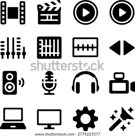 Collection of media and technology icons representing audio visual equipment and multimedia controls