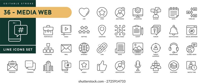 A collection of Media Web icons set with editable stroke, including like, star, add friend, application, location, script, news, topic, mail, video, link comment, mess. Thin linear vector illustration