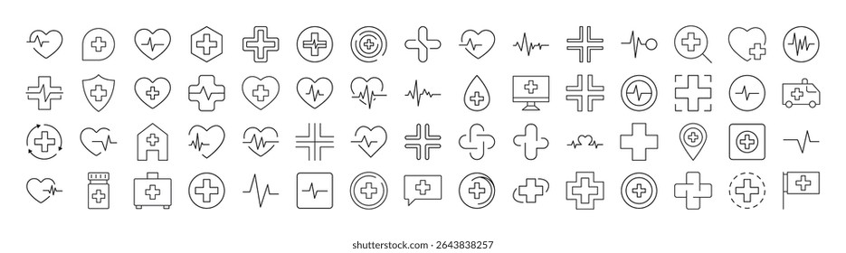 Coleção de Ícones de Linha Relacionados Médicos Cruzados. Outline Signs para Gráficos e Web Design, Apps, Anúncios, Vários Cartões 
