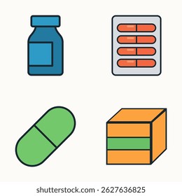 Collection of medical drug icons including sealed vial, pill blister strip, large capsule, and cardboard packaging