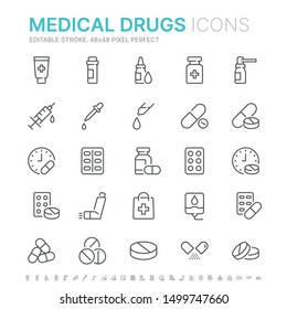 Collection of medical drugs related line icons. 48x48 Pixel Perfect. Editable stroke