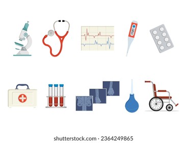 Recogida de equipos médicos clipart en diseño plano. Vector Ilustración de artículos e instrumentos médicos