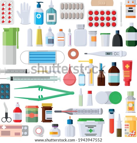 Collection of medical equipment. Vector medical instruments for first aid.