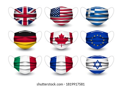 Collection of medical face masks with different flags - USA, Canada,  Italy, France, Germany, Greece, Israel isolated on transparent background. To protect from infection covid-19 Vector Illustration.