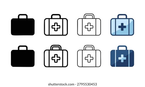 Collection of medical first aid kit icons in various styles including solid black outline and bluetinted for diverse design applications