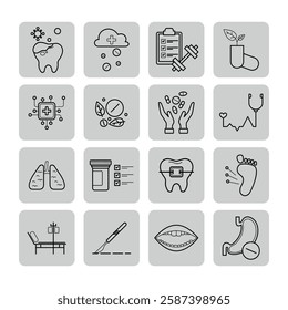 Collection of medical and health-related icons including dental care, medications, fitness, and patient care symbols. Ideal for health professionals and educational purposes