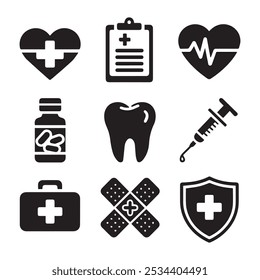 a collection of medical icons including dental instruments and medical equipment.