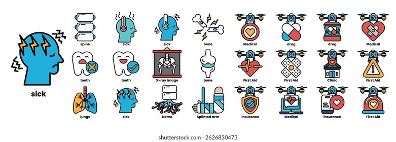 A collection of medical icons, including a heart, a skull, and a person with a blue head