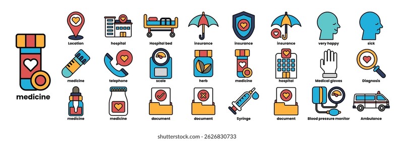 A collection of medical icons including a heart, a stethoscope, a syringe, a hospital bed