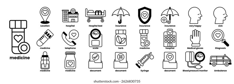A collection of medical icons including a heart, a stethoscope, a syringe, a hospital bed
