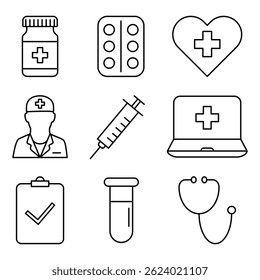A collection of medical icons including a pill bottle, doctor, syringe, laptop, test tube, and stethoscope. Vector illustration