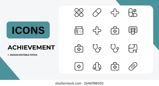 Coleção de ícones médicos, incluindo comprimidos, ataduras, estetoscópios e kits de primeiros socorros.  Perfeito para sites médicos, aplicativos e folhetos. Isolado no fundo branco.