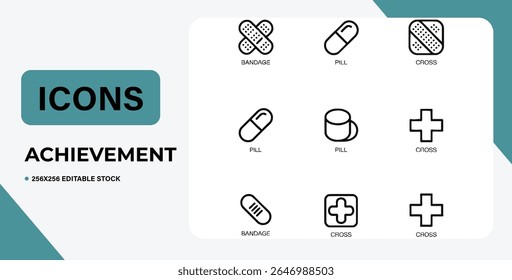 Collection of medical icons, including pills, bandages, stethoscopes, and first aid kits.  Perfect for medical websites, apps, and brochures. Isolated on white background.