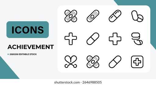 Coleção de ícones médicos, incluindo comprimidos, ataduras, estetoscópios e kits de primeiros socorros.  Perfeito para sites médicos, aplicativos e folhetos. Isolado no fundo branco.