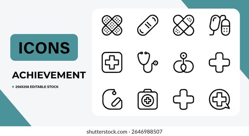 Coleção de ícones médicos, incluindo comprimidos, ataduras, estetoscópios e kits de primeiros socorros.  Perfeito para sites médicos, aplicativos e folhetos. Isolado no fundo branco.
