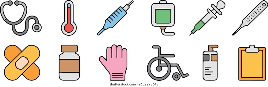 A collection of medical icons including a stethoscope, thermometers, syringes, an IV bag, a medicine bottle, a glove, a wheelchair, a sanitizer dispenser, and a clipboard.