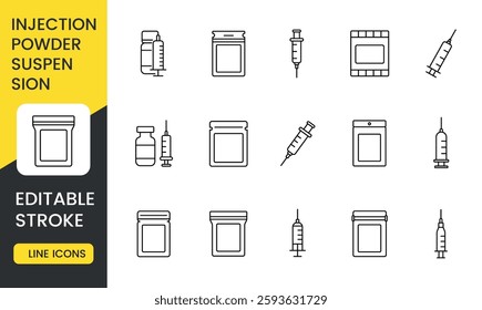 A collection of medical icons representing injection, powder, and suspension forms of medication. This set includes syringes, vials, and packaging, with an editable stroke.