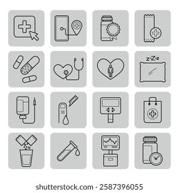 Collection of medical icons of various healthcare elements. Prescriptions, stethoscopes, and health monitoring devices. Medicine concept