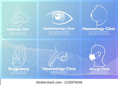 Collection of medical logos. Templates vector logos for venerology, pregnancy, mammalogy, ophthalmology, angiology and allergy clinics on blue innovative medical background.