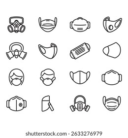 Collection of medical mask related icons. Thin line vectors. Contains icons of various types of medical masks.