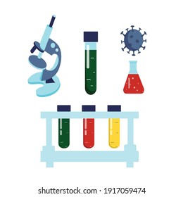 Recopilación de instrumentos e instrumentos de investigación médica. Microscopio, tubos de ensayo, matraz, imagen del virus. Ilustración vectorial en estilo plano aislado en fondo blanco