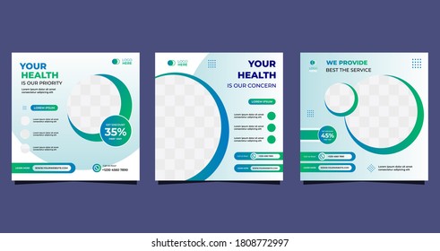 Collection Of Medical Social Media Post Template For Hospital And Clinic. With Green And White Background