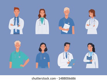 Collection of medical staff doctor and nurse, group of medics. Vector illustration in a flat style