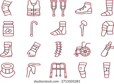Una colección de artículos de Asistencia médica que incluyen muletas, férulas y ayudas para la movilidad representadas en el arte de la línea roja