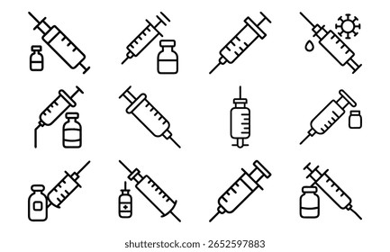 Coleção de seringa médica e ícone do frasco da vacina ilustrações que representam conceitos de cuidados de saúde