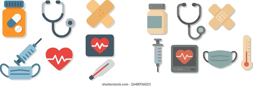 Uma coleção de ferramentas médicas e símbolos, incluindo pílulas, estetoscópios, band-aids, seringas, um monitor cardíaco e máscaras, apresentando itens essenciais de saúde para profissionais e pacientes.