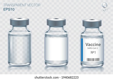  Collection of medical vaccine bottles.  Transparent vector ampoule on light background