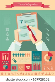 Collection Of Medical Vector Infographic Elements. Doctor Report Vector Illustration With Various Of Infographic Elements As Charts, Diagrams And Medical Infographic Metaphors For Data Visualization.